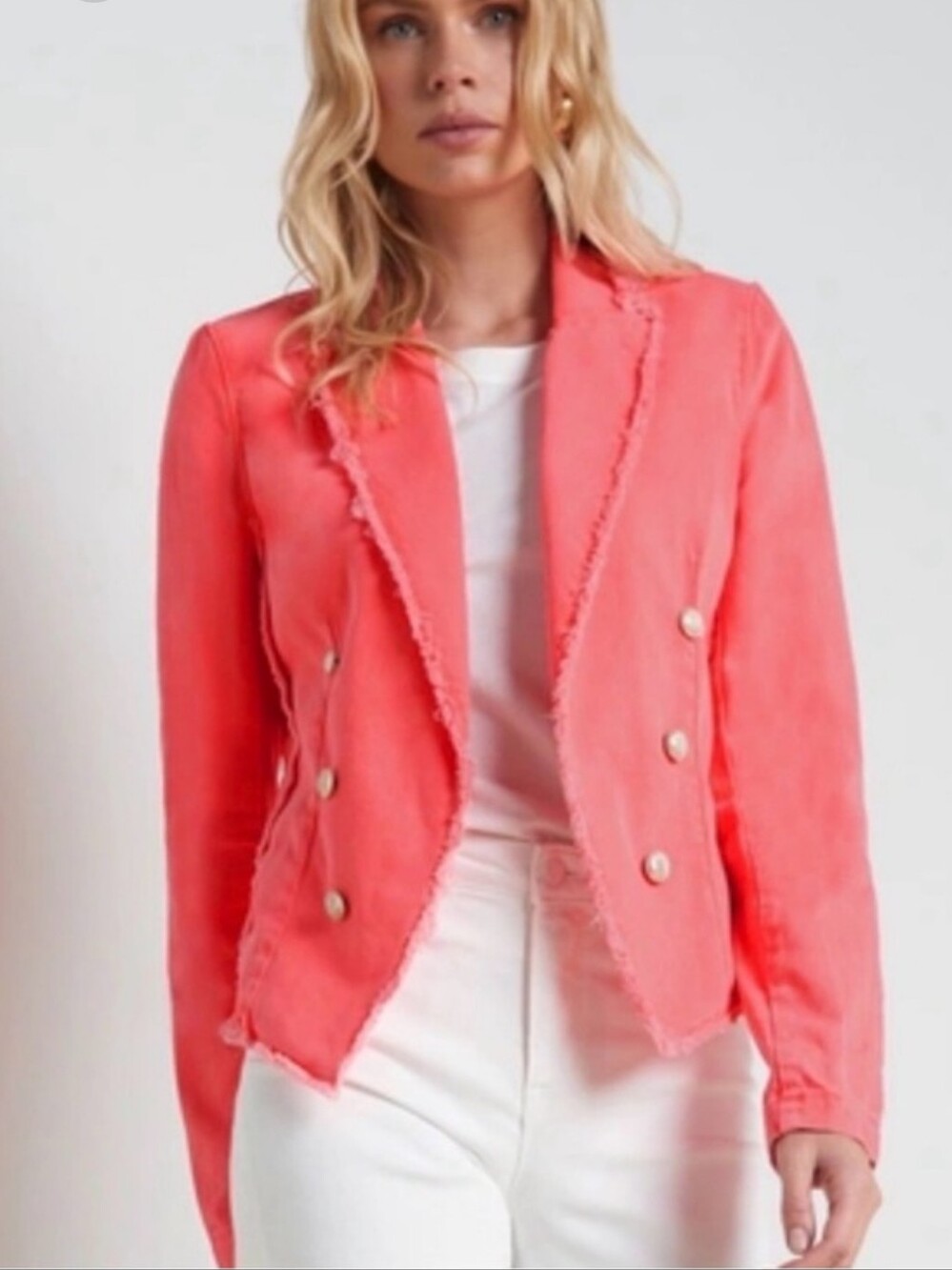 L'Agence Wayne Frayed Crop Denim Jacket in soft neon coral Size Small